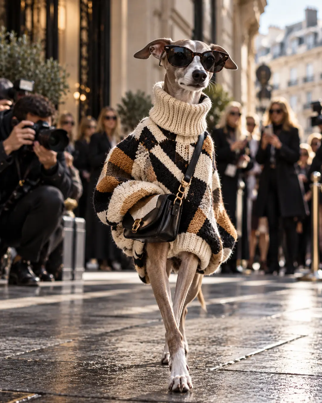 Fashion-forward Italian Greyhound in an oversized geometric knit, sunglasses and crossbody bag, strutting past photographers at Paris Fashion Week. Is this conversation helpful so far?
