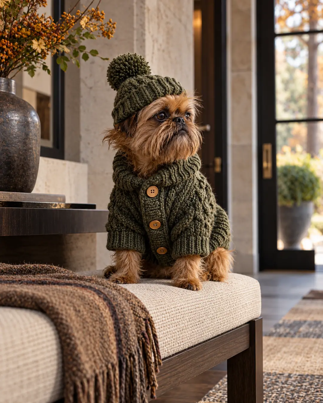 Small Brussels Griffon in a chunky olive-green cardigan and matching pom-pom hat sits proudly in a sophisticated, autumn-toned home.