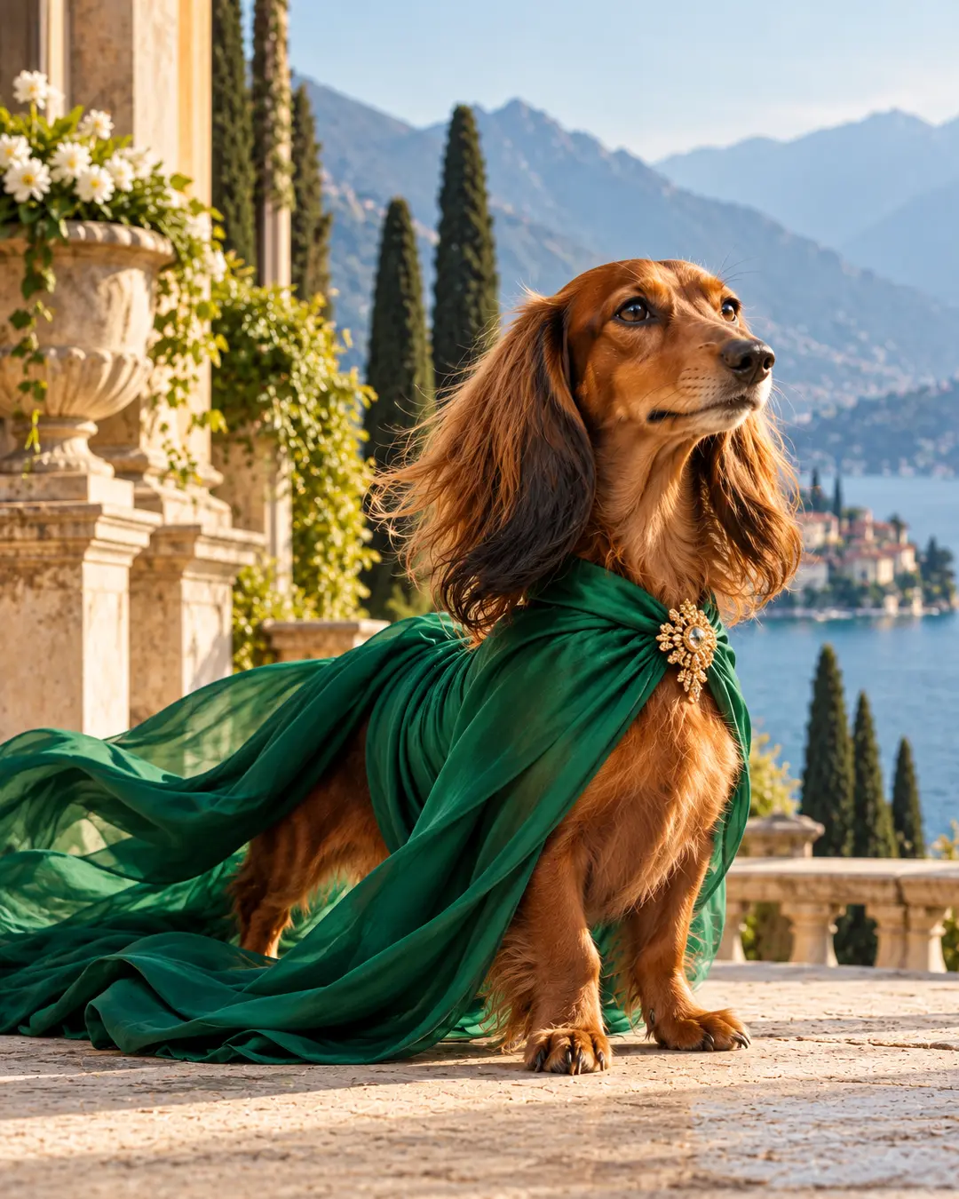 Long-haired Dachshund models a flowing emerald-green couture gown on a sunlit Italian lakeside terrace with mountains in the distance.