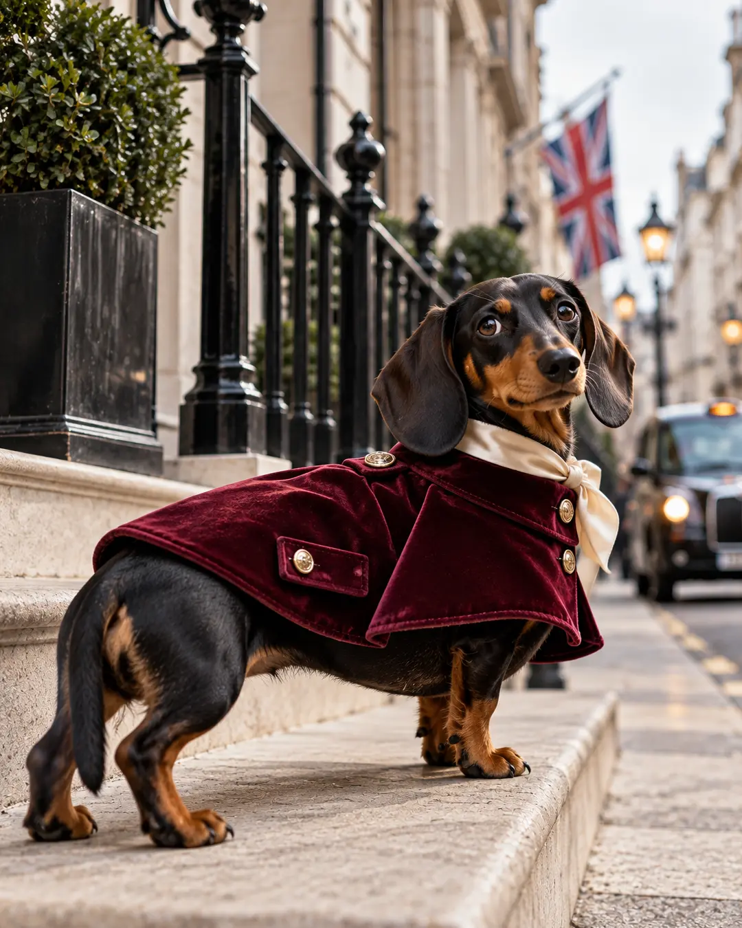 Black-and-tan Dachshund in a burgundy velvet cape and silk scarf poses on a London street, bringing aristocratic attitude to high fashion.