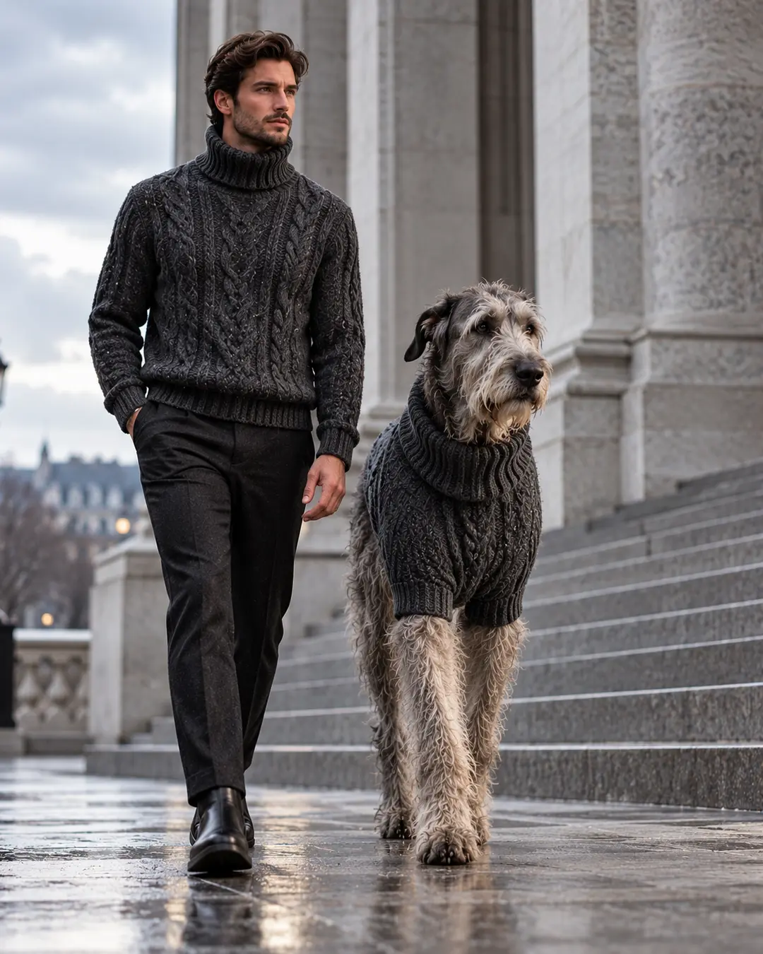 Man and Irish Wolfhound wear matching charcoal cable-knit sweaters while walking together through an elegant city setting on a rainy day.