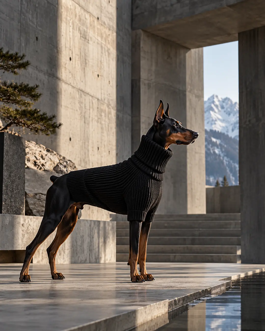 Sleek Doberman in a sculptural black turtleneck sweater stands against dramatic concrete architecture with snow-capped mountains beyond.