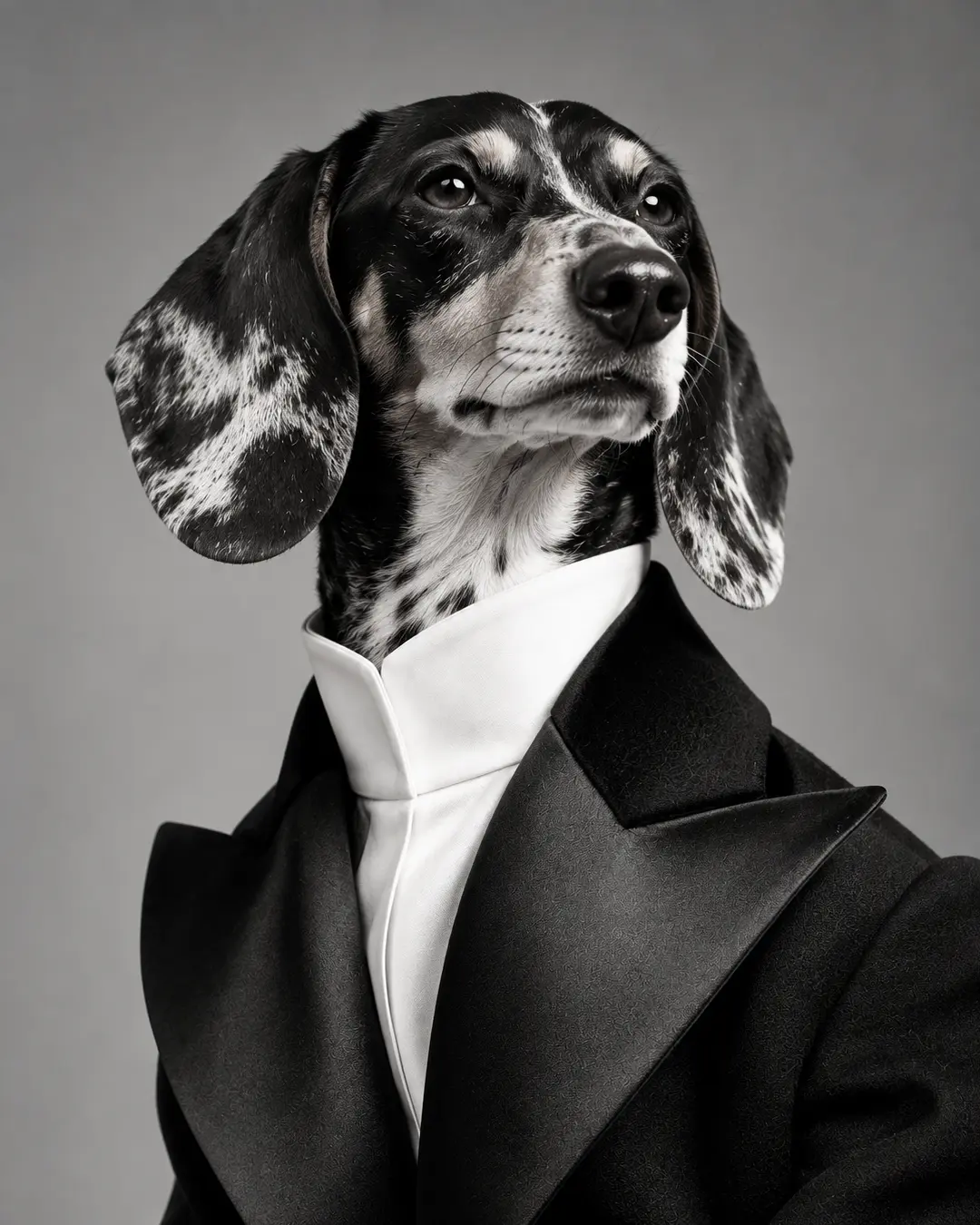 Dapple Dachshund poses in a sharply tailored black tuxedo with a dramatic white collar for a striking black-and-white fashion studio portrait.