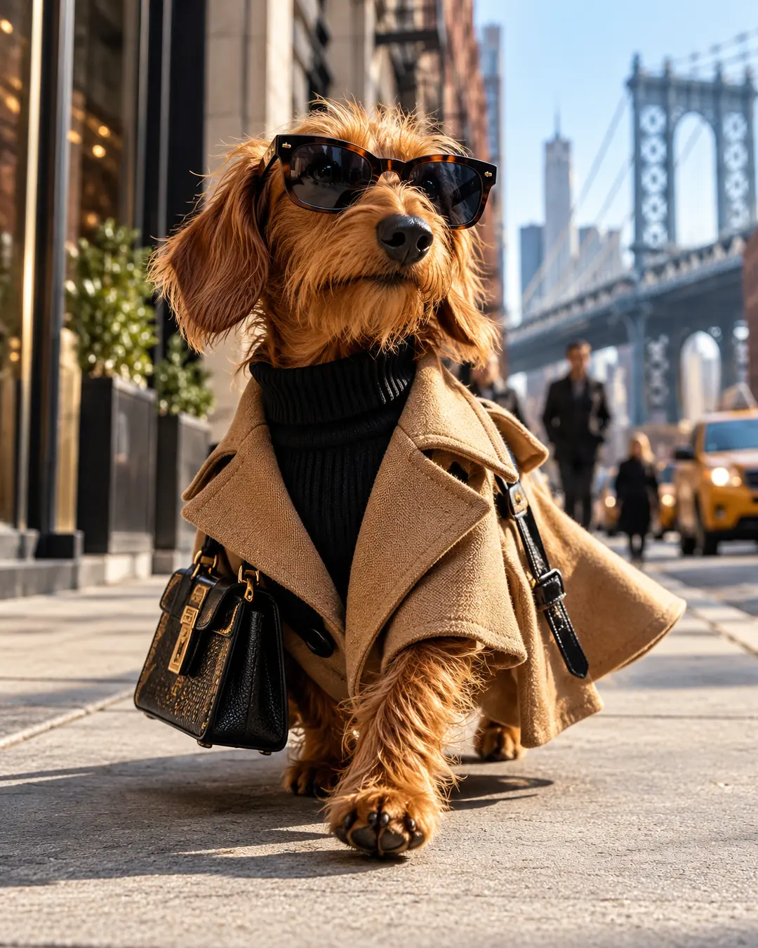 Long-haired Dachshund in a camel coat, black turtleneck and sunglasses struts through New York with a chic handbag and serious fashion attitude.