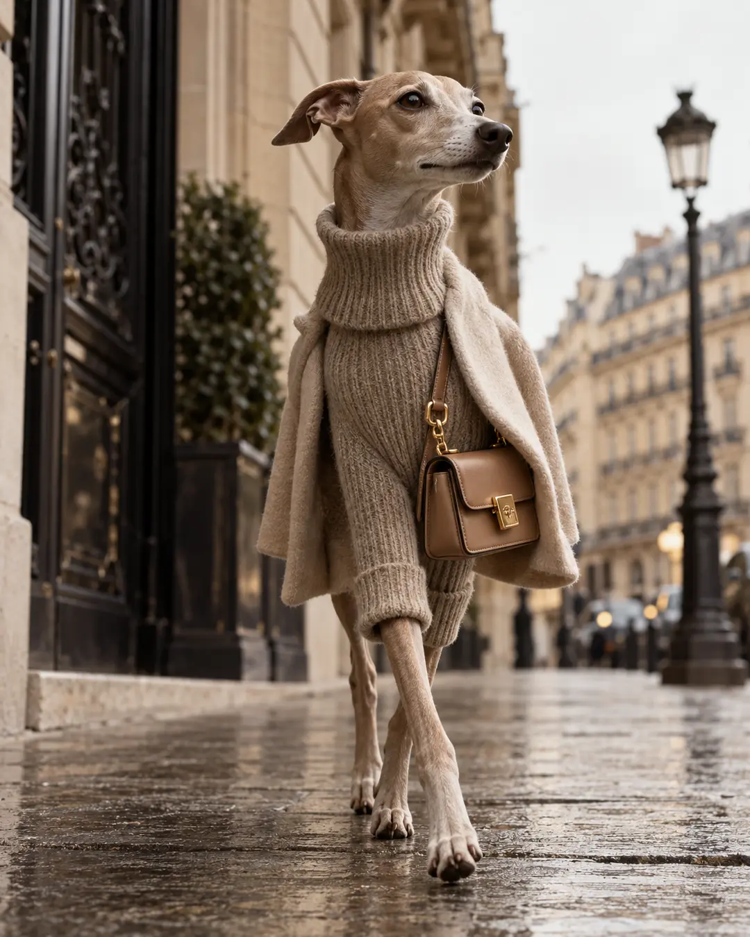 Stylish Italian Greyhound in a luxe neutral sweater and coat, carrying a tiny handbag while strutting down an elegant Paris street.