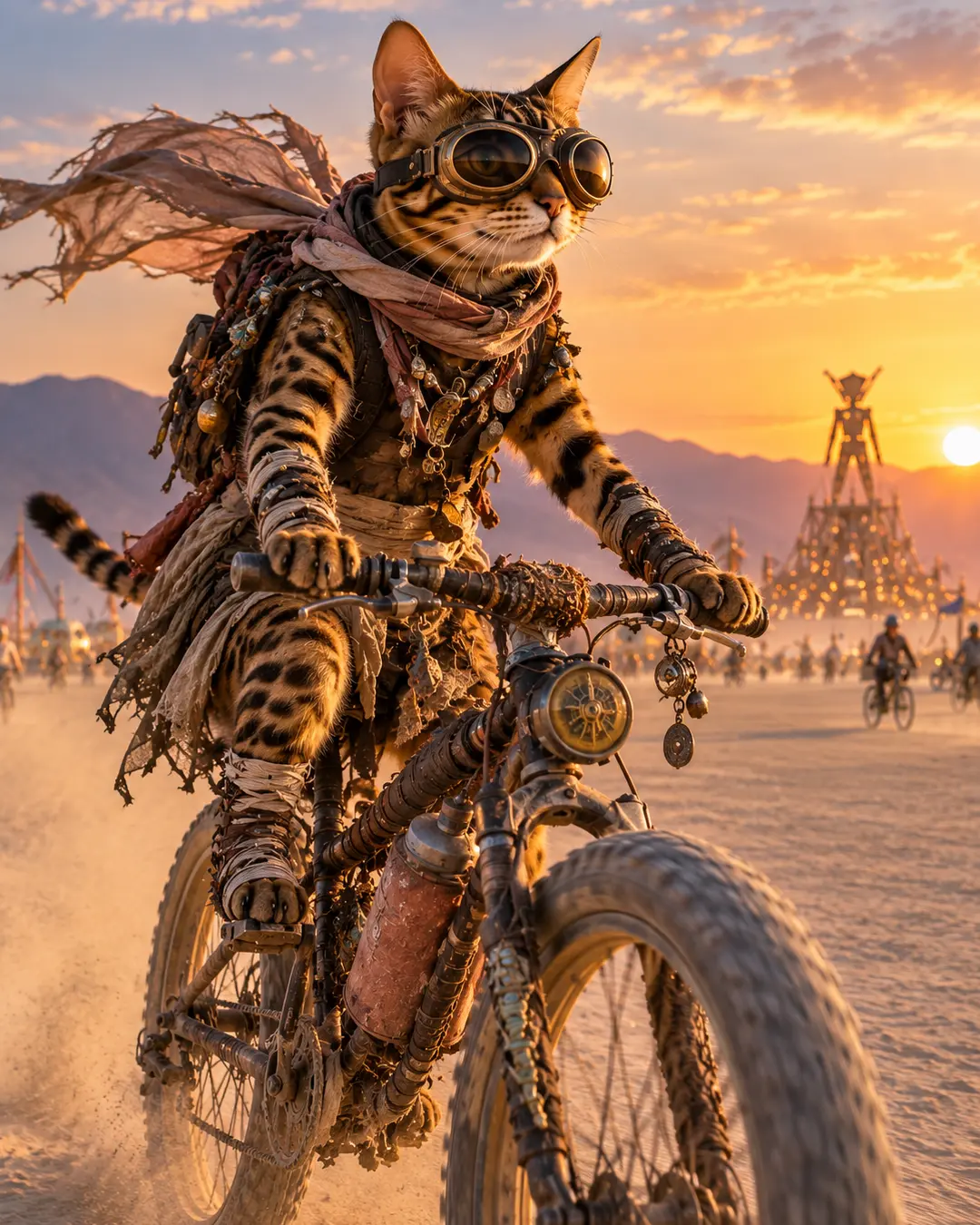 Bengal cat in rugged desert couture and oversized goggles races a custom bike across a surreal festival landscape at sunset.