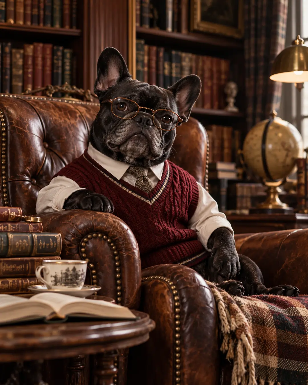Distinguished French Bulldog in glasses and a burgundy sweater vest, relaxing in a leather chair surrounded by books and old-world charm.
