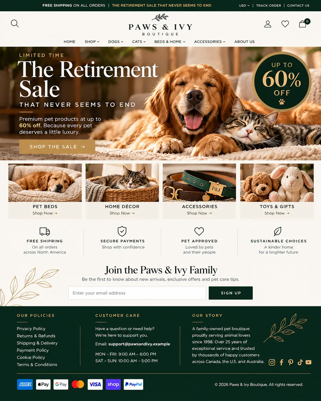 Paws & Ivy Boutique homepage featuring a 60% off retirement sale, happy pets, product collections, free shipping and elegant green-and-gold design.