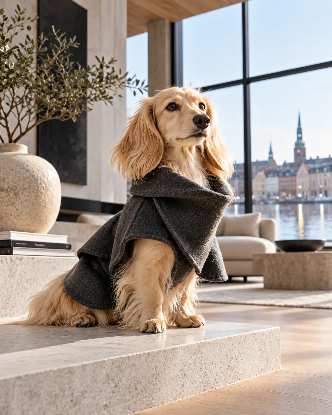 Elegant cream long-haired Dachshund models a sculptural charcoal cape in a minimalist waterfront apartment overlooking Copenhagen.