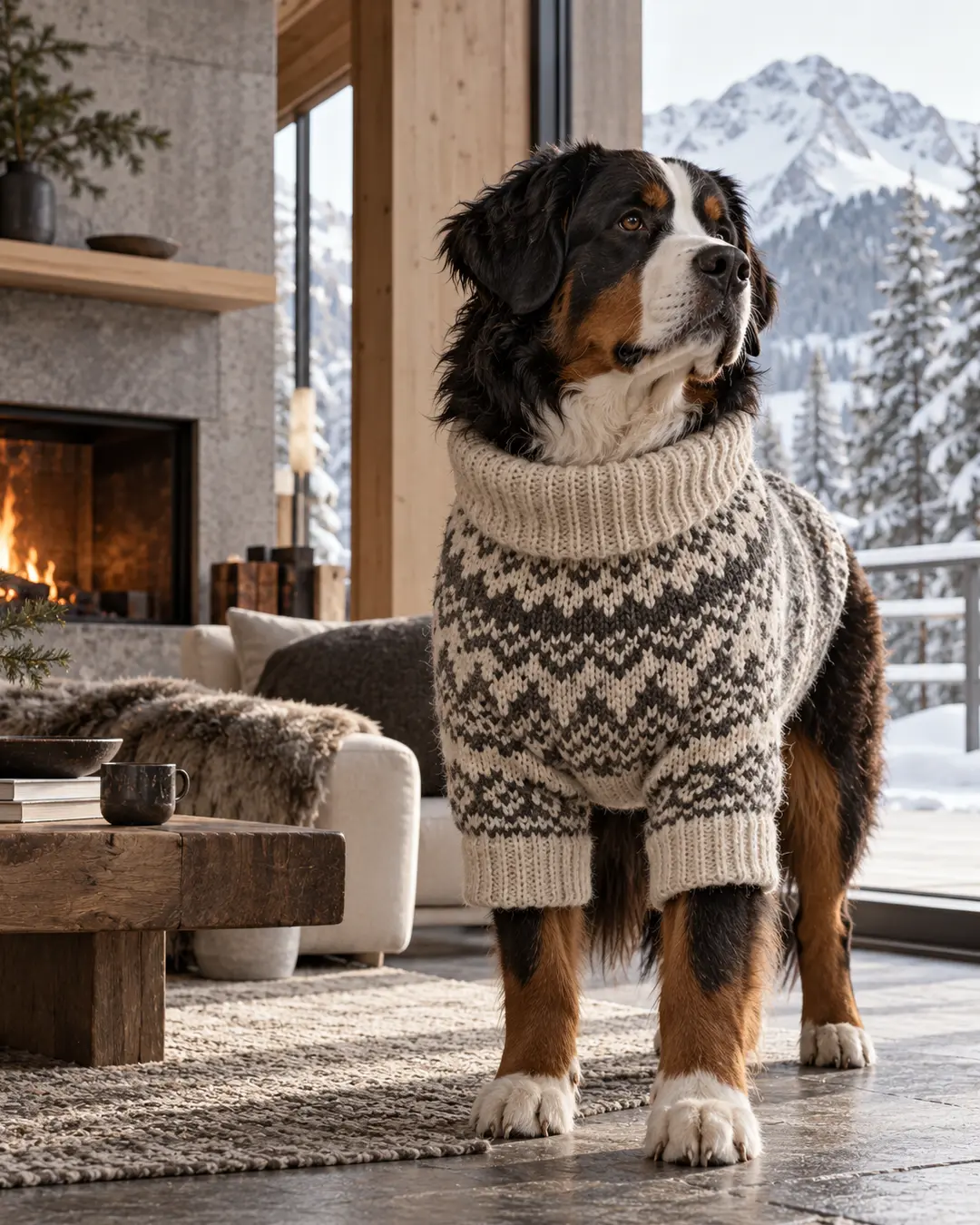 Bernese Mountain Dog in a chunky Nordic sweater stands in a cozy modern alpine cabin, with a roaring fire and snowy mountains beyond.