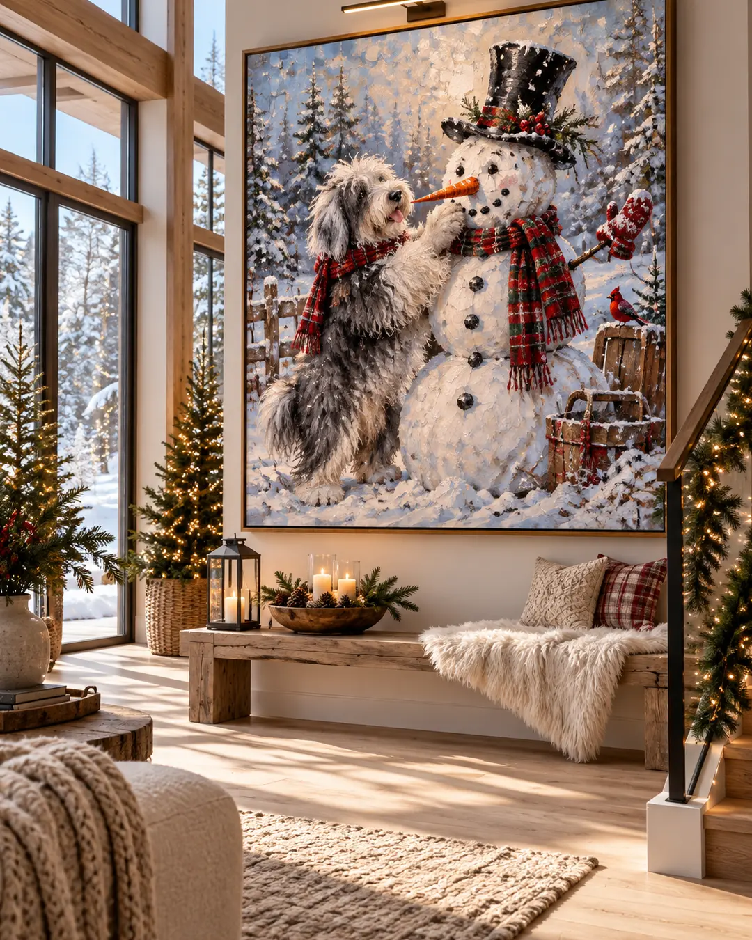 A charming painting of a shaggy dog building a snowman brightens a luxurious alpine home with soaring windows, rustic wood furnishings and festive greenery.