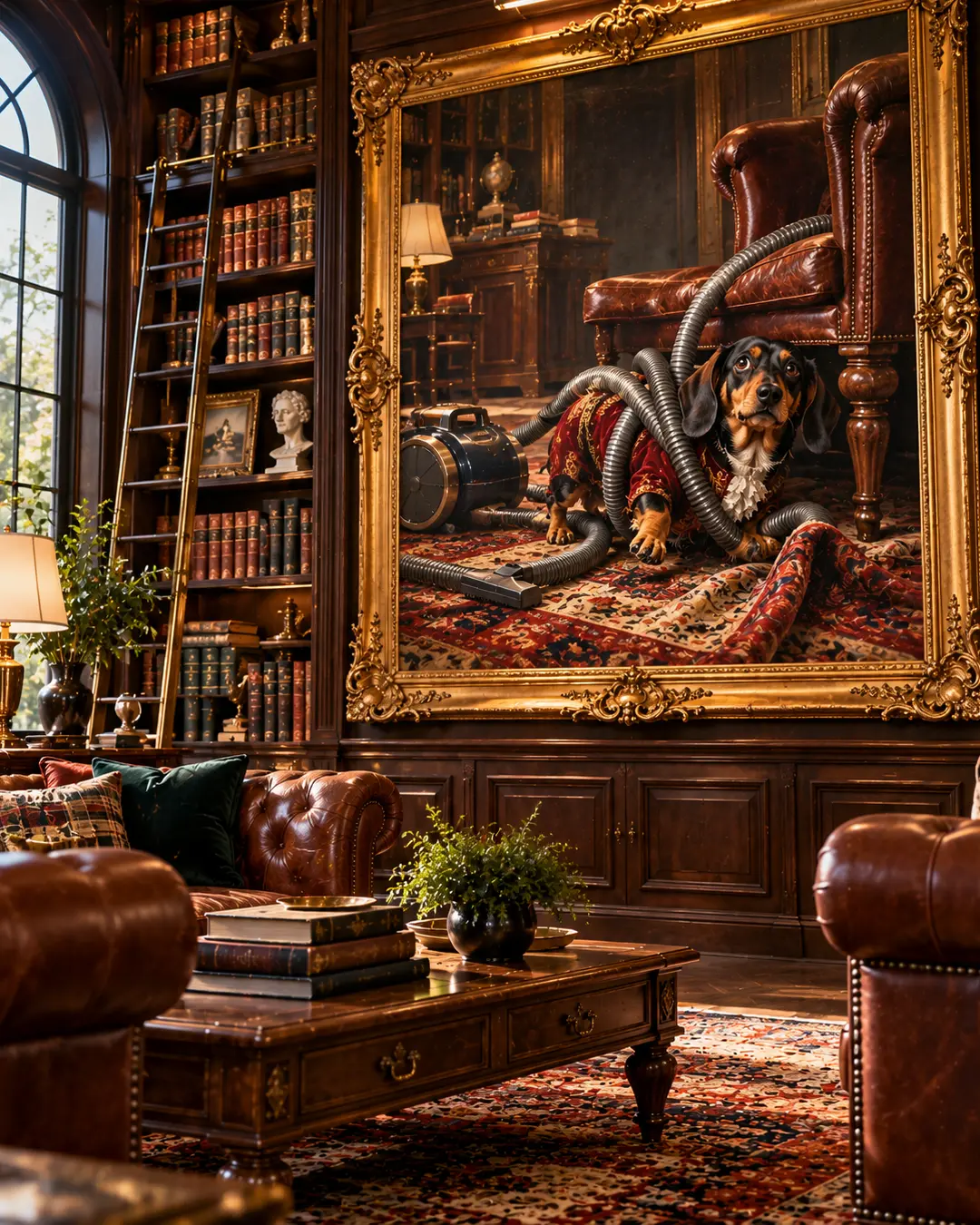 An elegant wood-paneled library features rich leather furniture and an ornate gold-framed painting of a Dachshund tangled in vacuum hoses.