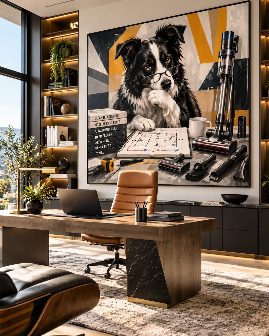 A stylish modern office features a wood desk, leather chair and oversized artwork of a Border Collie planning the ultimate vacuuming strategy.