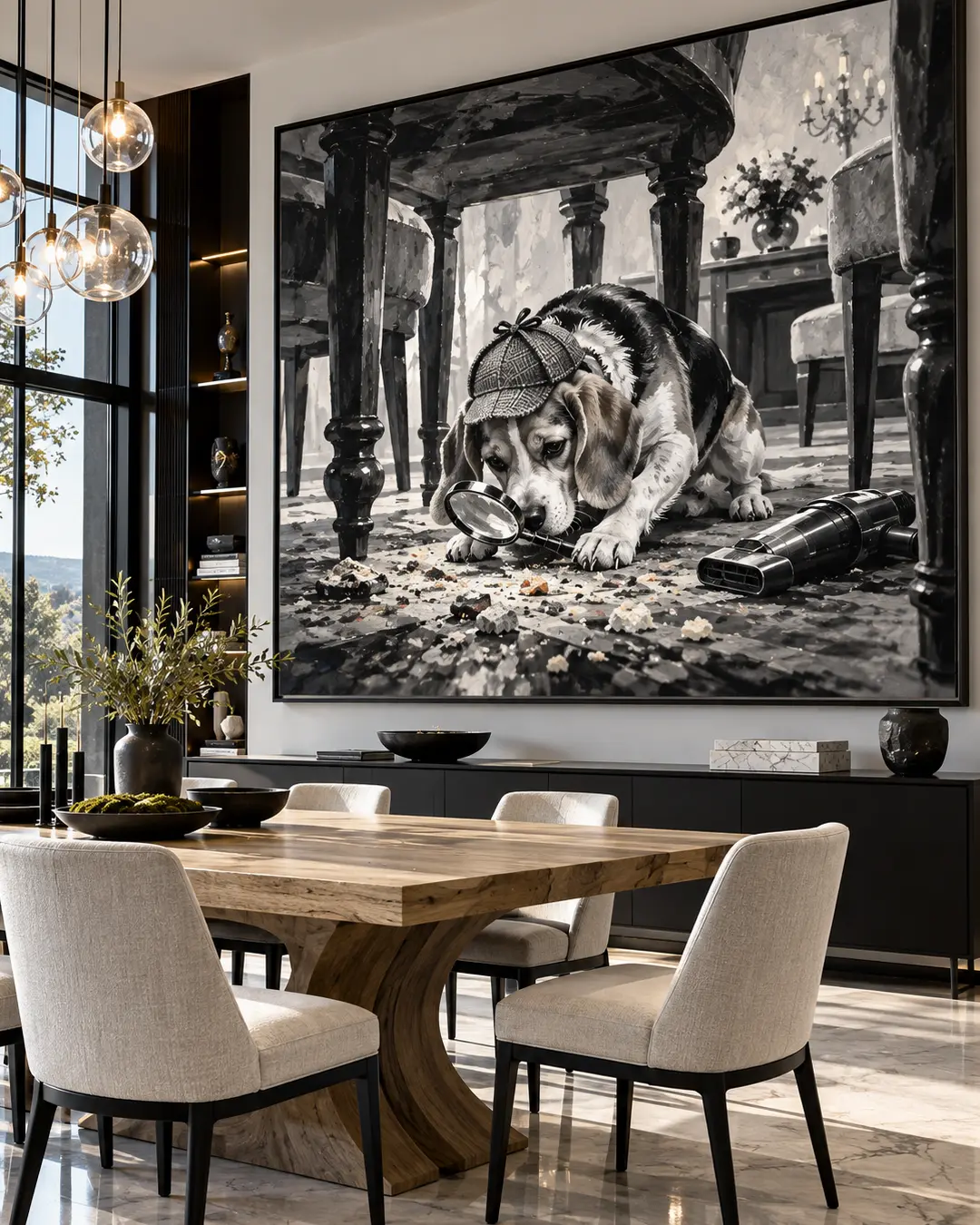A sophisticated dining room features a sculptural wood table and oversized black-and-white artwork of a detective Beagle investigating crumbs beneath a table.