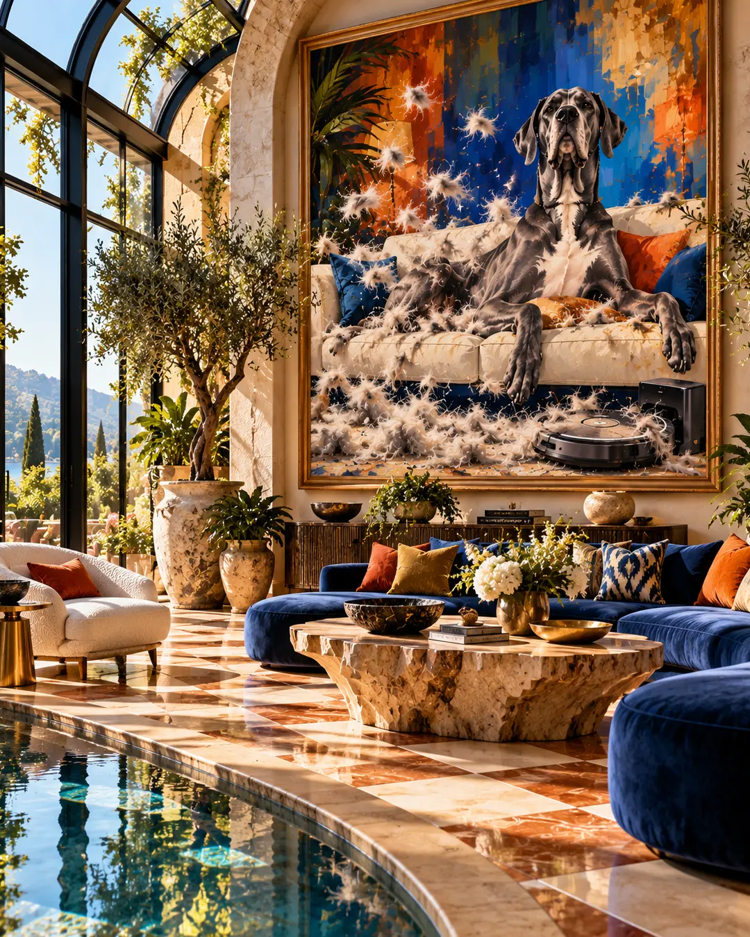 A luxurious sunroom features blue velvet seating, marble floors and oversized artwork of a Great Dane surrounded by shedding fur and a robot vacuum.