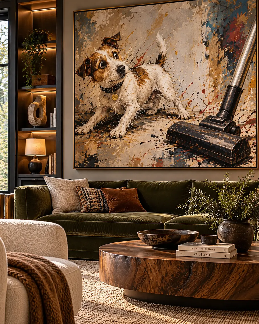 A dramatic painting of a dog confronting a vacuum anchors a luxurious living room with an olive velvet sofa, sculptural wood table and warm lighting. Is this conversation helpful so far?
