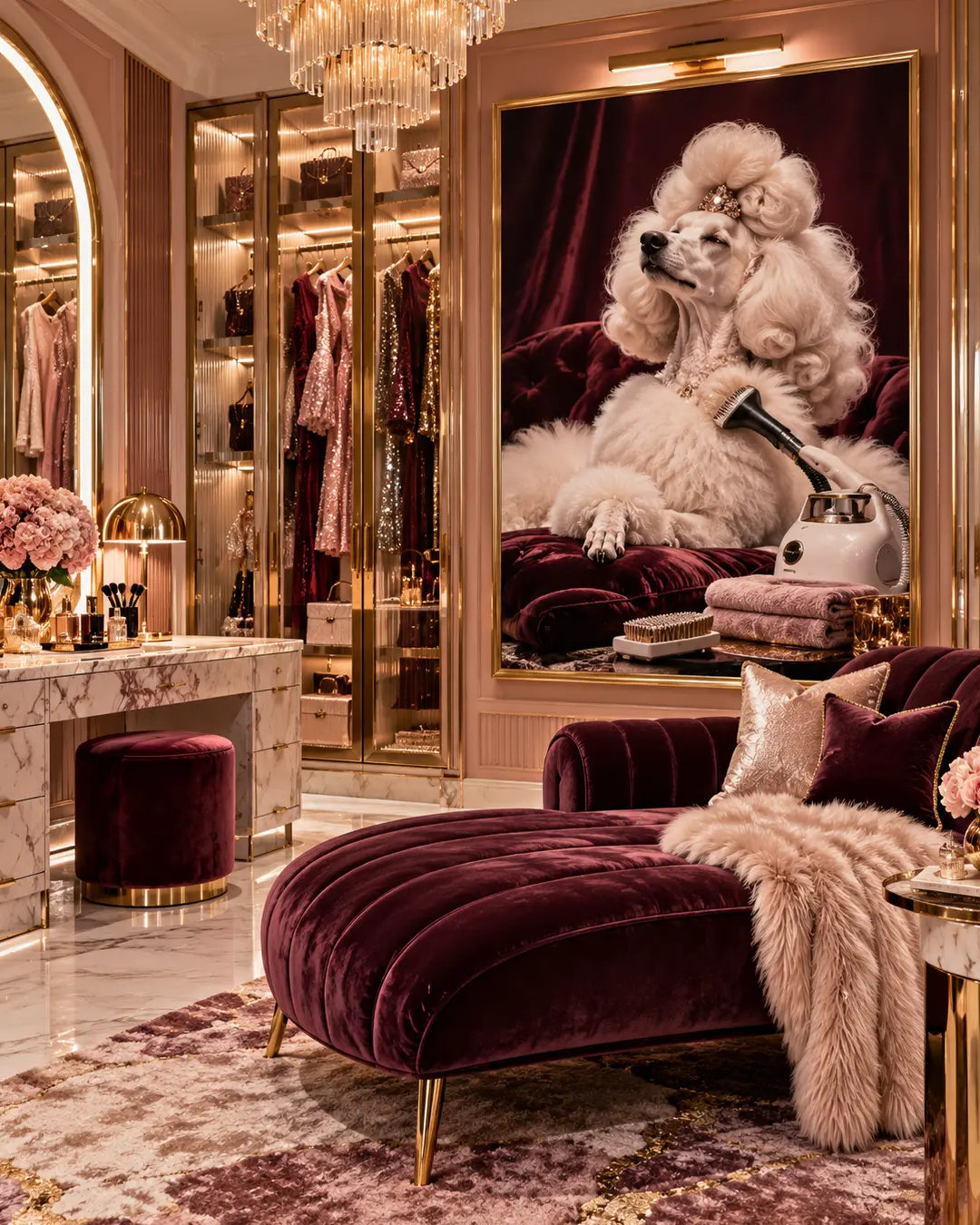 A glamorous dressing room features burgundy velvet furniture, marble finishes and oversized artwork of a pampered Poodle enjoying a luxurious grooming session.