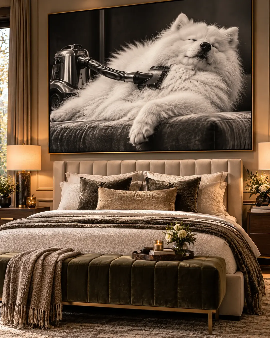 A luxurious bedroom features a plush upholstered bed, olive velvet bench and oversized black-and-white artwork of a Samoyed being vacuumed.