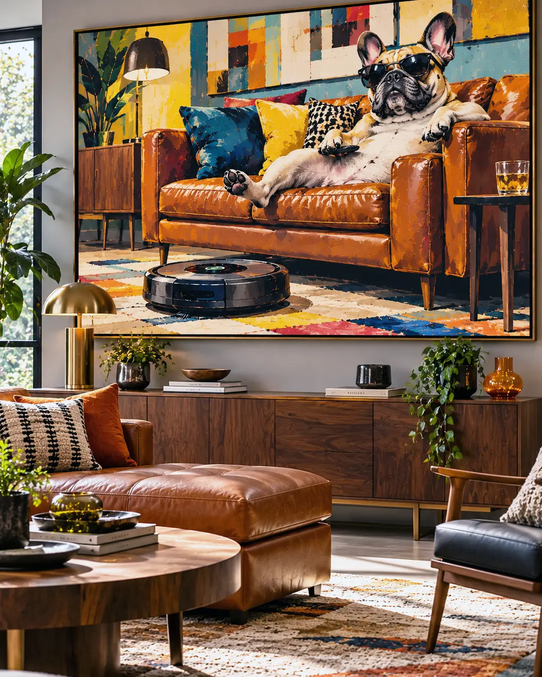 A stylish living room with warm leather furniture and oversized colourful artwork of a sunglasses-wearing French Bulldog lounging above a robot vacuum.