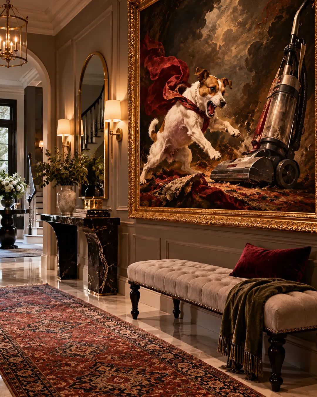 An elegant hallway features marble floors, a Persian rug and dramatic gold-framed artwork of a Jack Russell Terrier battling a vacuum cleaner.