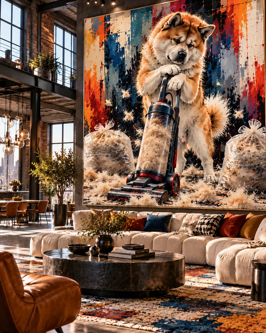A dramatic industrial loft features a cream sectional beneath vibrant oversized artwork of a fluffy dog vacuuming mountains of its own shedding fur.
