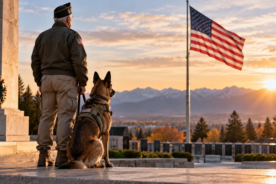 A U.S. veteran and his German Shepherd stand in quiet tribute at a military memorial, beneath the American flag and a golden sunset.