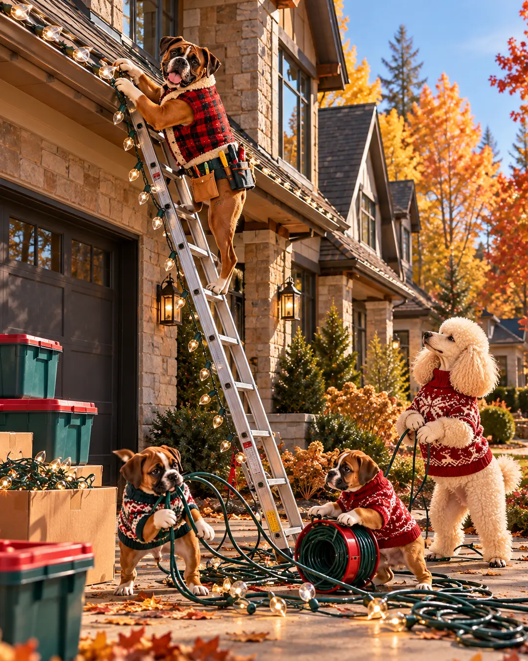 A Boxer hangs Christmas lights from a ladder while a Poodle supervises and two playful puppies tangle themselves in cords below.