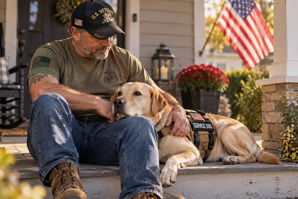 A U.S. veteran shares a peaceful moment with his Labrador service dog on the front porch, with an American flag waving in the autumn sunlight.