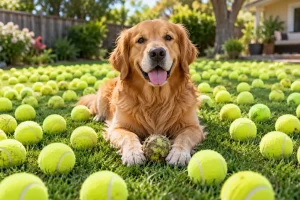 A happy Golden Retriever lies in a sunny backyard surrounded by dozens of tennis balls, proudly guarding one old, dirty favourite between its paws.