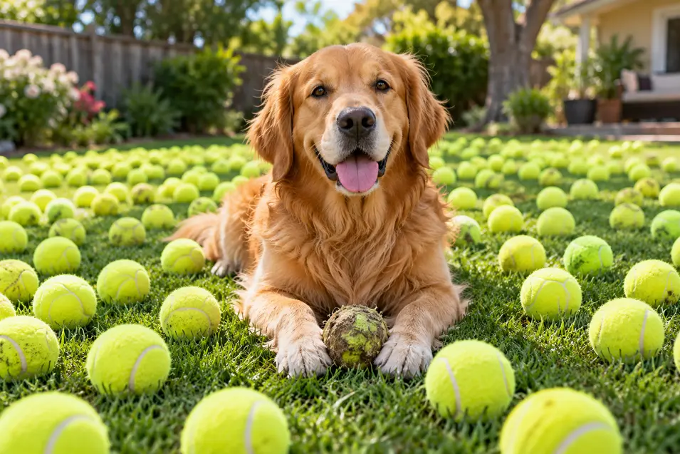 A happy Golden Retriever lies in a sunny backyard surrounded by dozens of tennis balls, proudly guarding one old, dirty favourite between its paws.