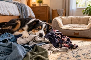 A tricolour dog sleeps peacefully on a pile of laundry beside an empty dog bed in a cozy, sunlit bedroom.