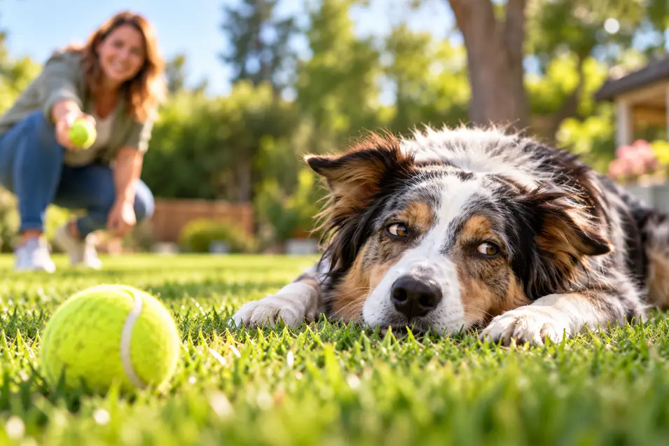 An uninterested Australian Shepherd lies on the grass, ignoring a tennis ball while its owner tries to encourage a game of fetch.