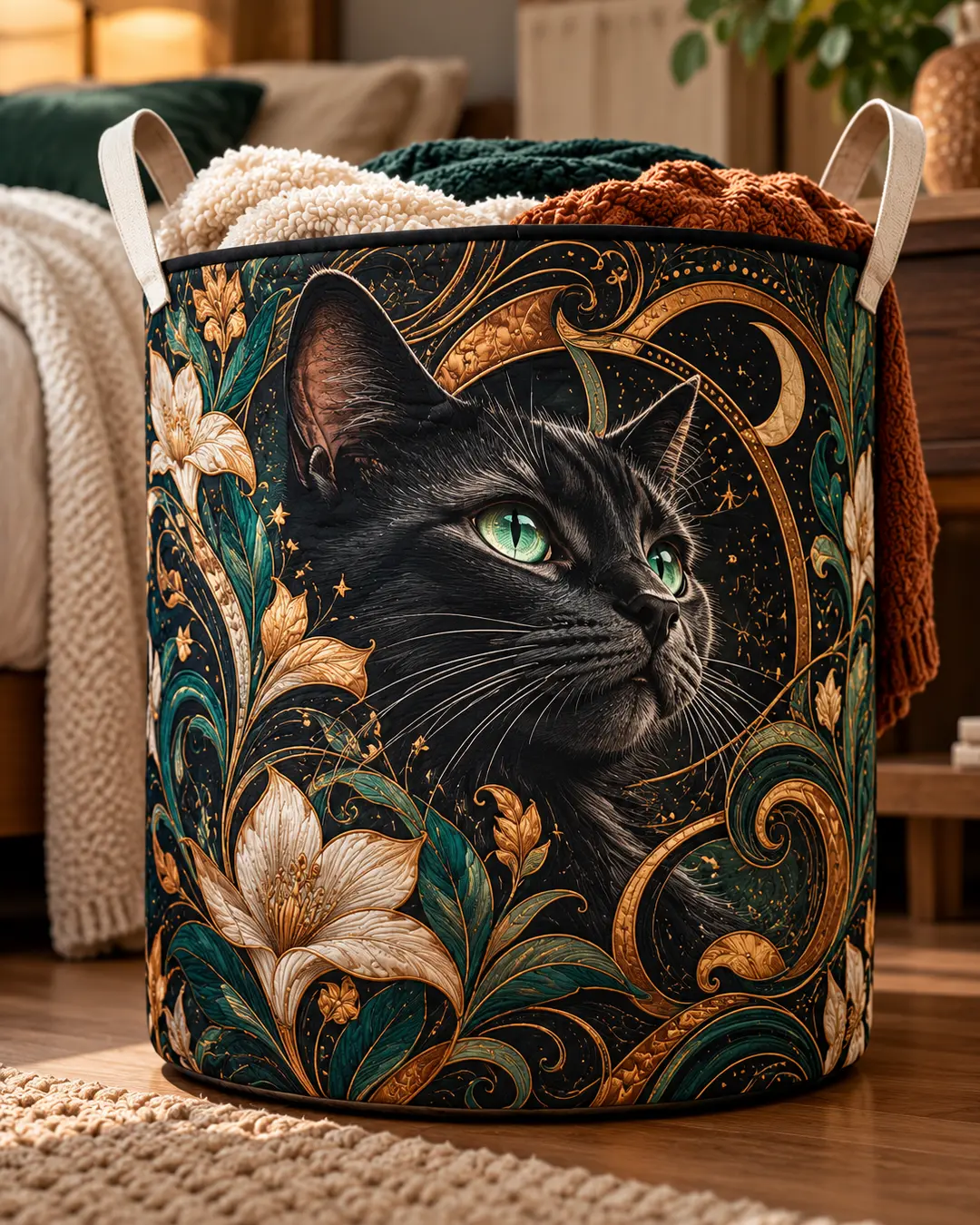 A luxurious fabric basket featuring a black cat with emerald eyes, ornate gold florals and teal accents, filled with cozy blankets.