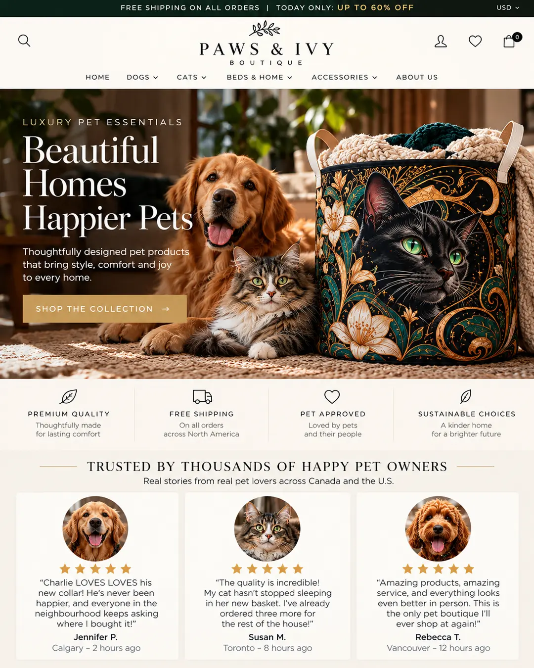 That's the Paws & Ivy Boutique homepage mockup. The black cat basket makes a striking hero product, and the warm photography, elegant typography, and gold accents give the site a luxury feel.