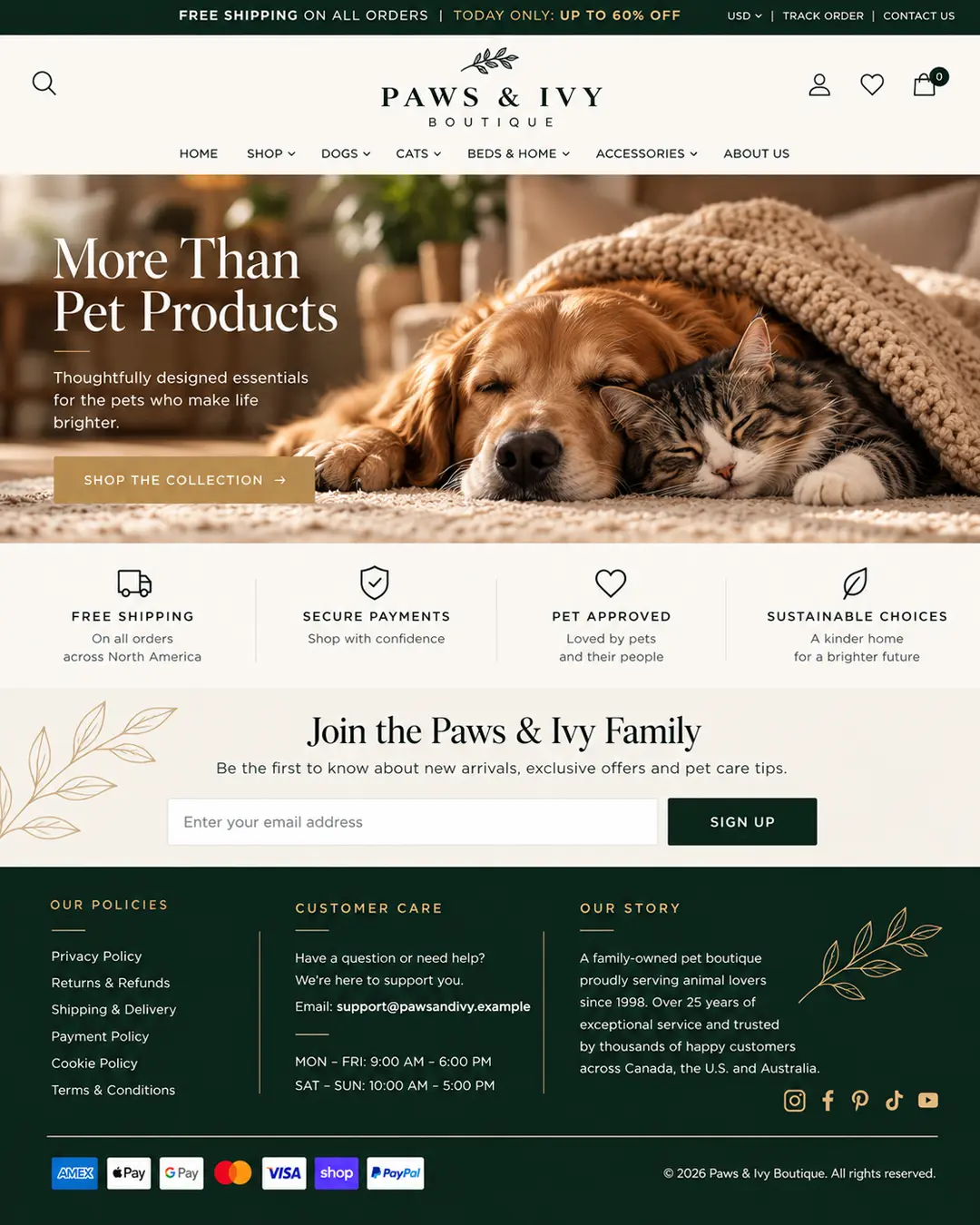 Elegant Paws & Ivy Boutique website featuring a cozy dog and cat, luxury pet essentials, free shipping, newsletter signup and customer information.