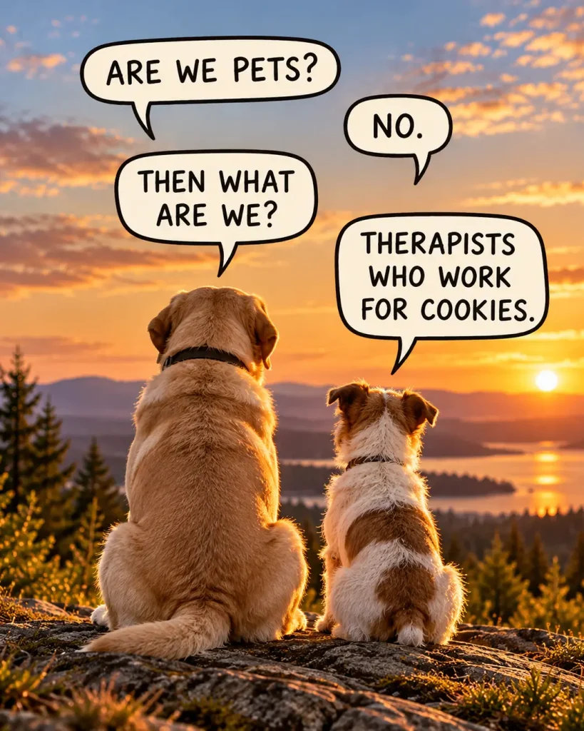 Two dogs watch the sunset, joking that they're not pets but therapists who work for cookies, in a heartwarming scene.